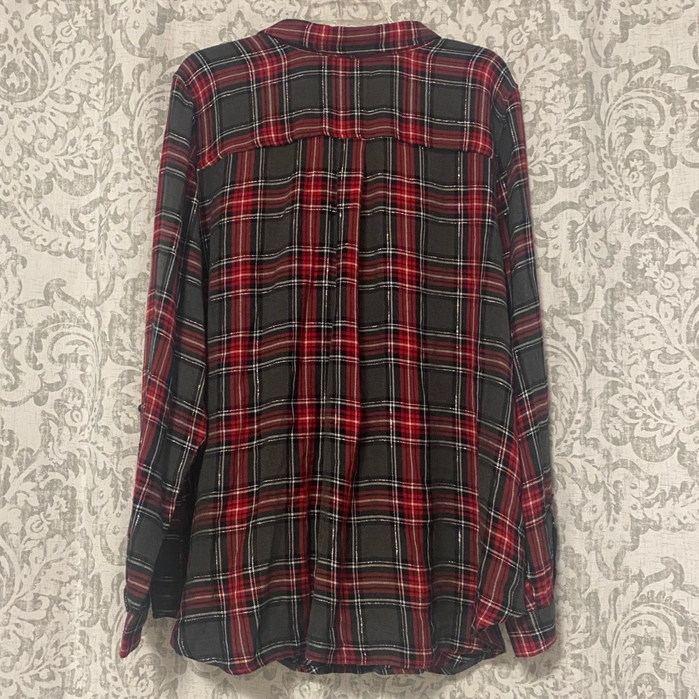 Intro Long Sleeve Button Up Plaid Flannel Top Red Gray Metallic Silver 3X - Picture 4 of 6